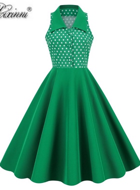 赫本复古气质原创女装港风绿色波点收腰优雅显瘦中长大摆连衣裙夏