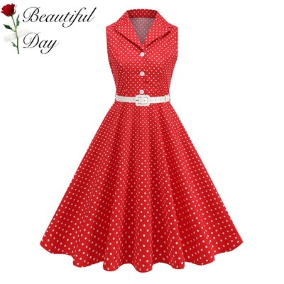 赫本女神复古波点性感80年代派对表演写真度假无袖显瘦大摆连衣裙
