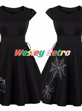 欧美万圣节复古派对黑色显瘦大码女装收腰大摆中长短袖气质连衣裙