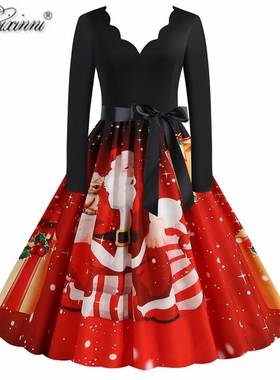 欧美洋气复古风红色圣诞老人节日派对长袖印花修身显瘦大摆连衣裙