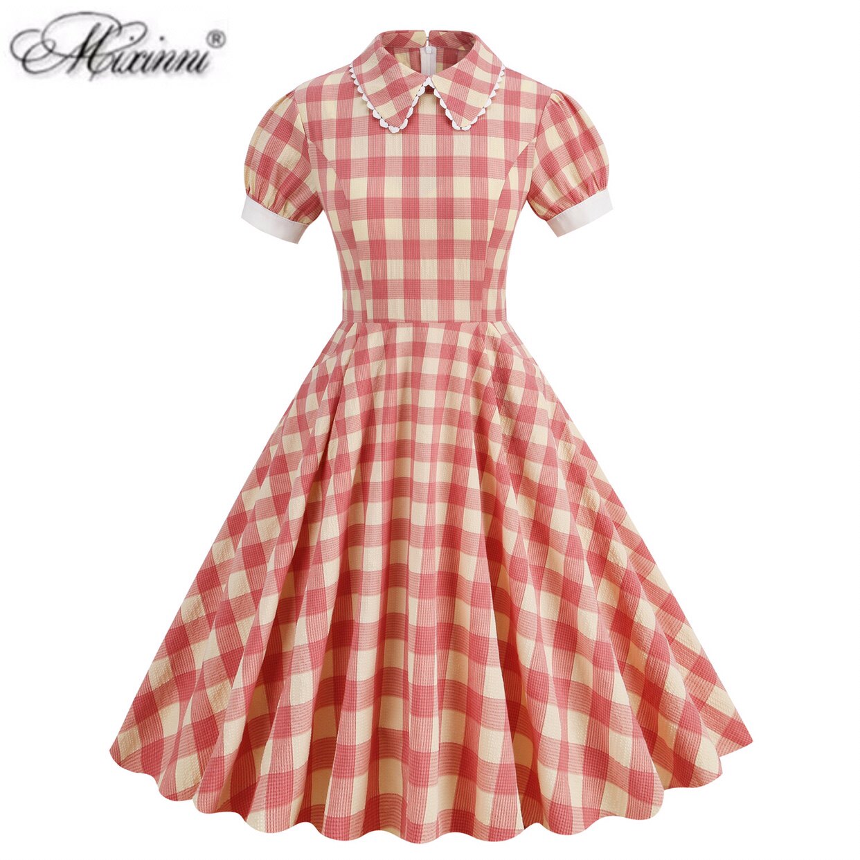 美式田园风格子vintage复古可爱娃娃领少女感气质短袖大摆连衣裙