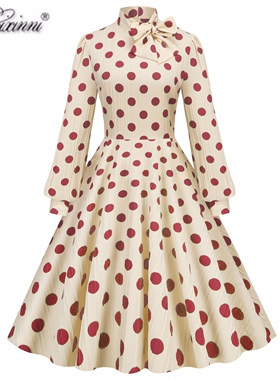 赫本优雅复古年代感宫廷高领波点泡泡长袖气质显瘦大摆中长连衣裙
