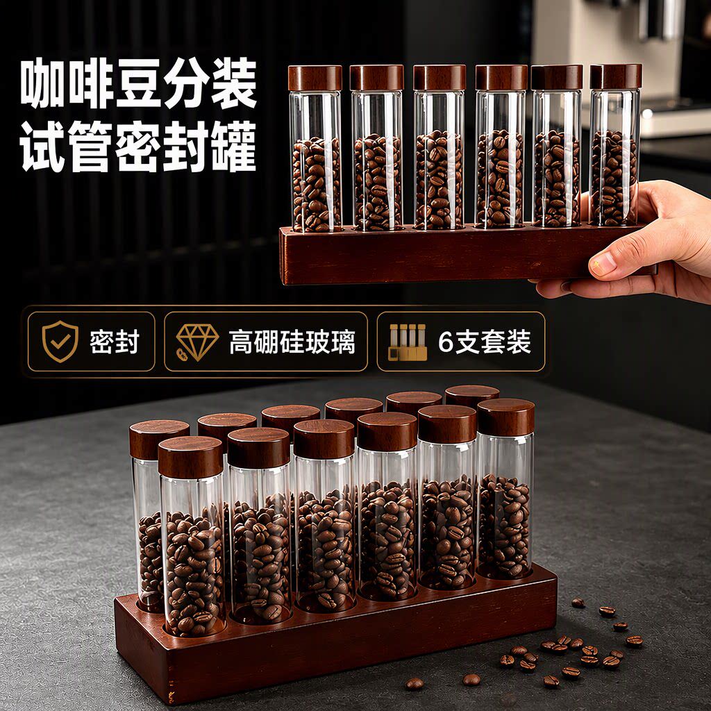 6支套装高硼硅玻璃试管密封罐咖啡豆分装茶罐咖啡粉储物瓶展示架