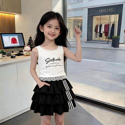 女童装夏季蕾丝无袖背心T恤上衣