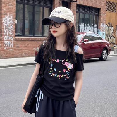 女童装夏季斜肩短袖T恤抽绳上衣
