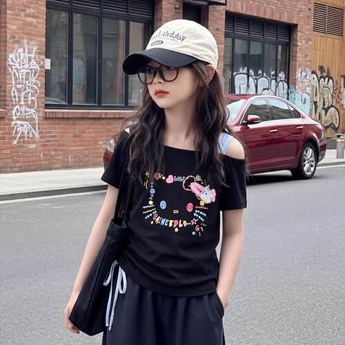 女童装夏季斜肩短袖T恤抽绳上衣