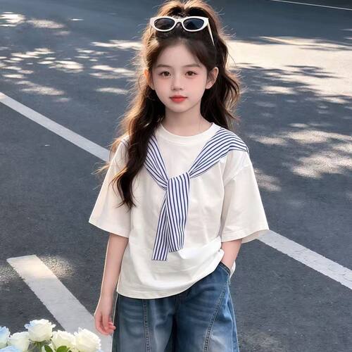 女童夏装宽松假两件短袖T恤上衣
