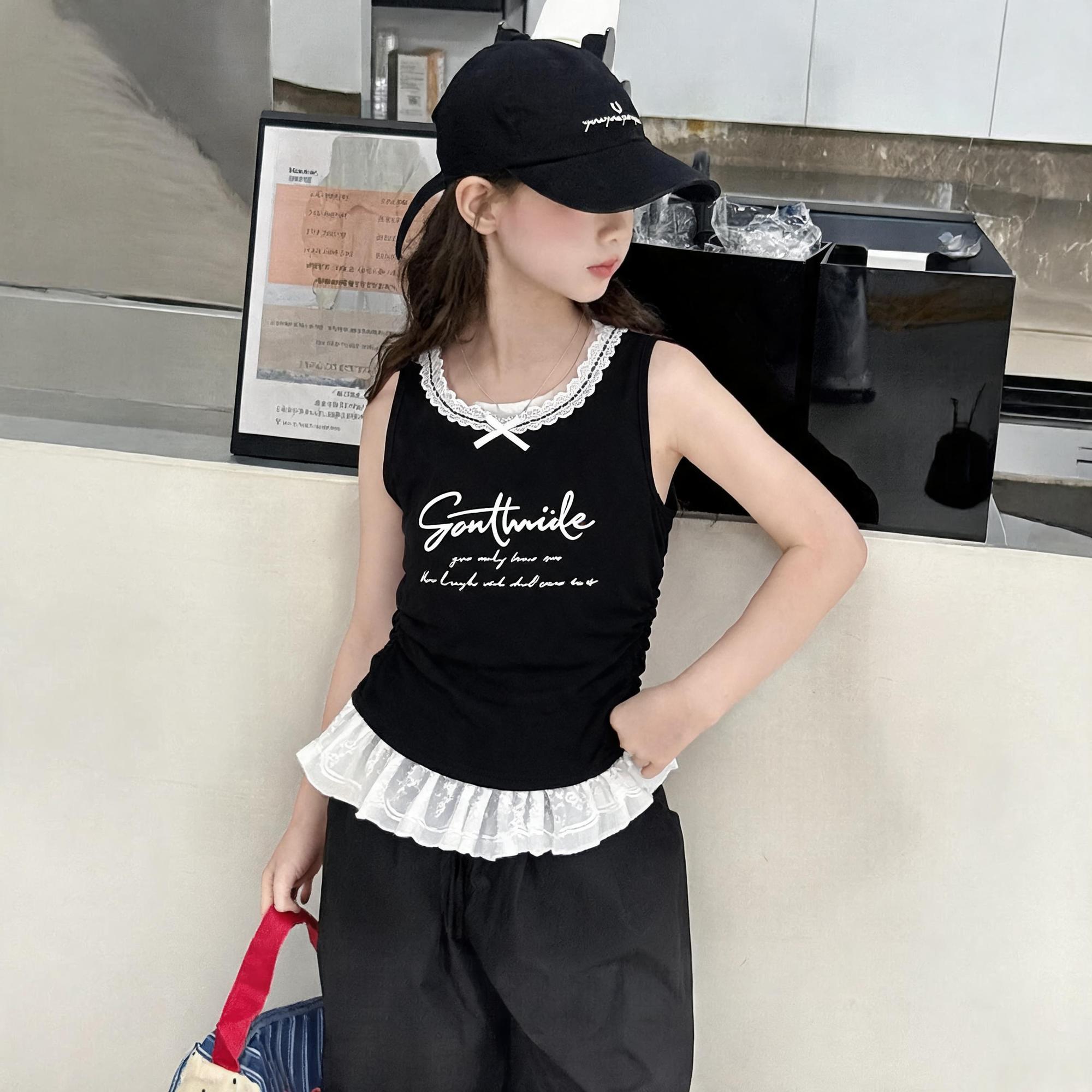 女童装无袖背心外穿夏季短款T恤女孩中大童薄款韩系蕾丝拼接上衣