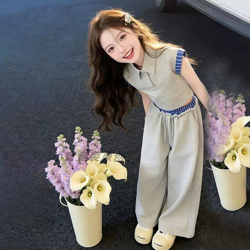 女童夏季套装2026新款中大童洋气学院风条纹Polo领无袖背心阔腿裤