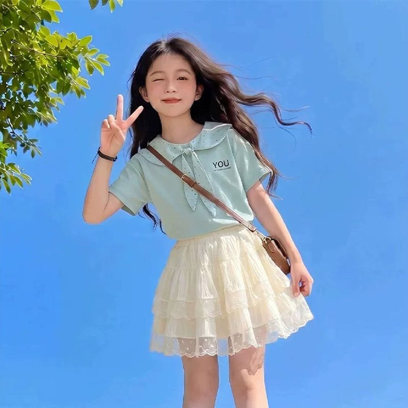 女童新款夏季学院风短袖T恤娃娃领落肩袖波点翻领中大童薄款上衣