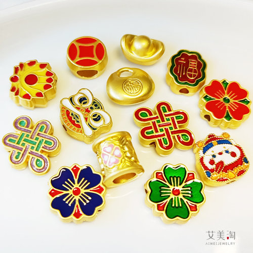保色古法金四叶草花元宝财神串珠