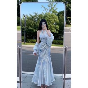 【碧海游鳞】2026年春夏季新款新中式印花鎏光纱改良鱼尾旗袍套装