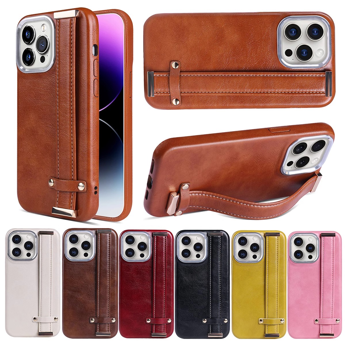 精品新款复古iPhone16手机壳新款手腕带支架苹果15promax手腕带支架便携式防摔皮质女14高级个性轻奢不撞款13