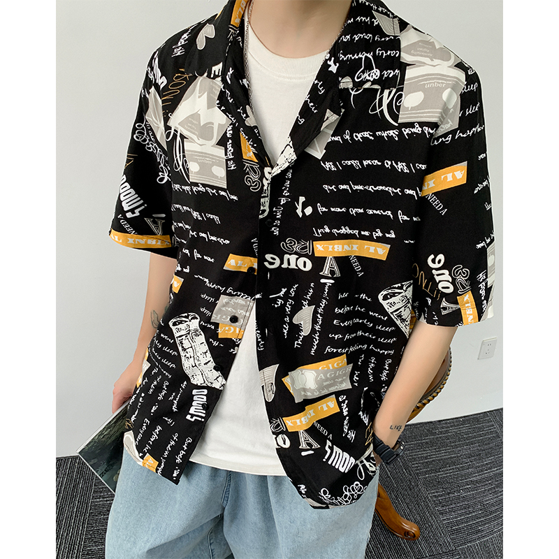 港风宽松版大码穿到230斤潮男西装领花衬衫短袖衬衣228-1142-P40，男装T恤，星座228