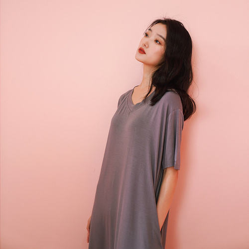 睡裙女夏季莫代尔短袖长款2022新款纯色大码带胸垫可外穿夏天睡衣