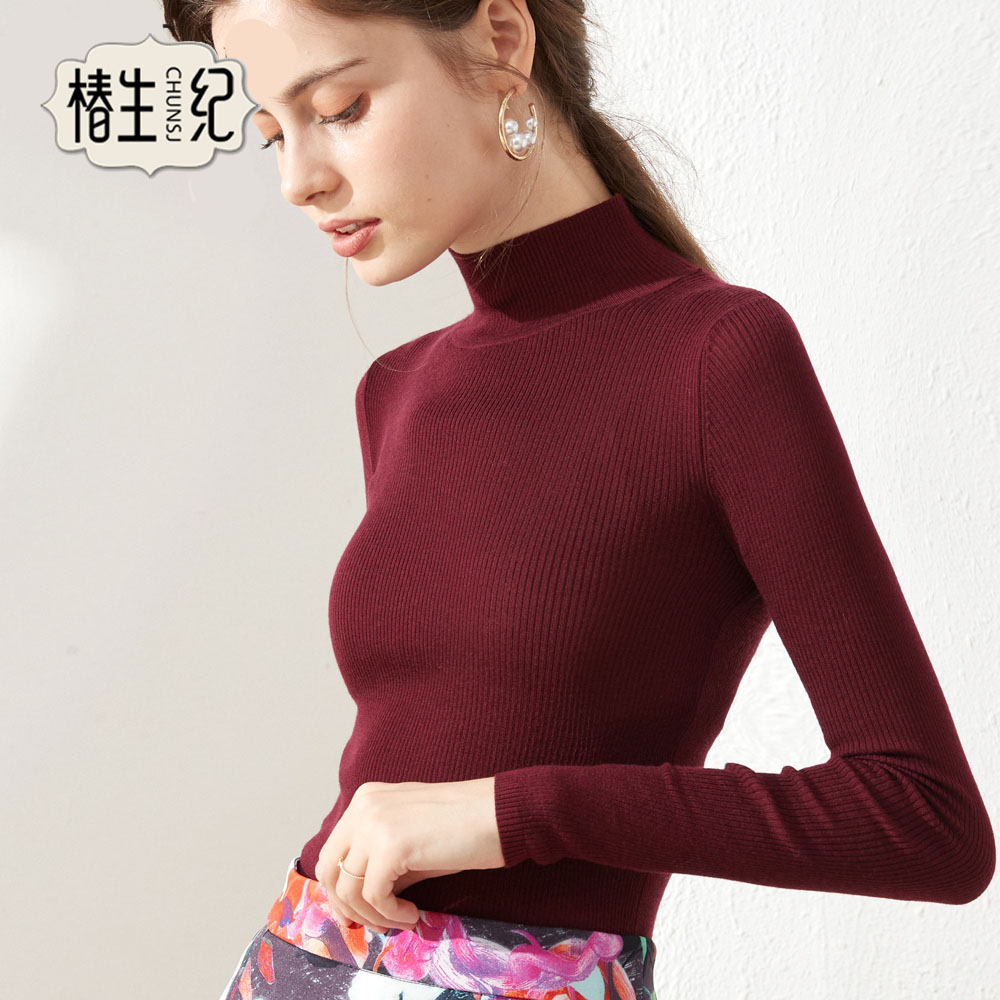 椿生纪2023春秋新款长袖薄款修身100%纯羊毛衫半高领打底毛衣女