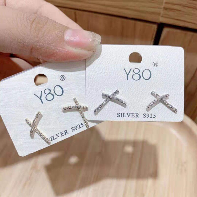 y80耳饰925银简约满钻微镶交叉字母X耳钉几何亮钻耳环冷淡风耳钉