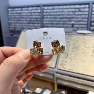 美拉德色仿水晶三角形水钻耳钉超闪几何方块耳环个性 时髦气质耳饰