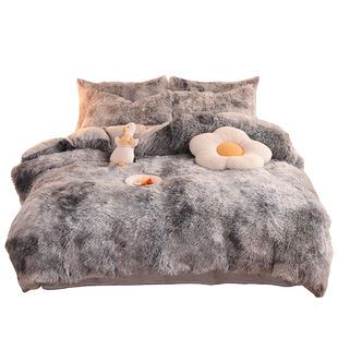 牛奶绒四件套水貂绒加水晶绒被套长毛双面绒法兰绒床单灰床上用品