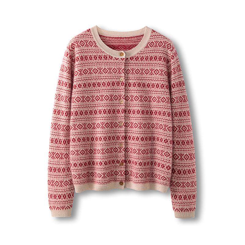 100%纯山羊绒费尔岛女士圆领高级感重工复古针织开衫毛衣外套