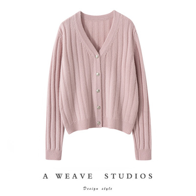 100纯山羊绒2024秋冬新款女V领宽松长袖针织开衫显瘦加厚百搭毛衣