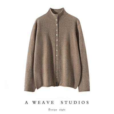 2024年秋冬新款100%纯山羊绒立领纽扣卷边针织开衫女百搭毛衣外套