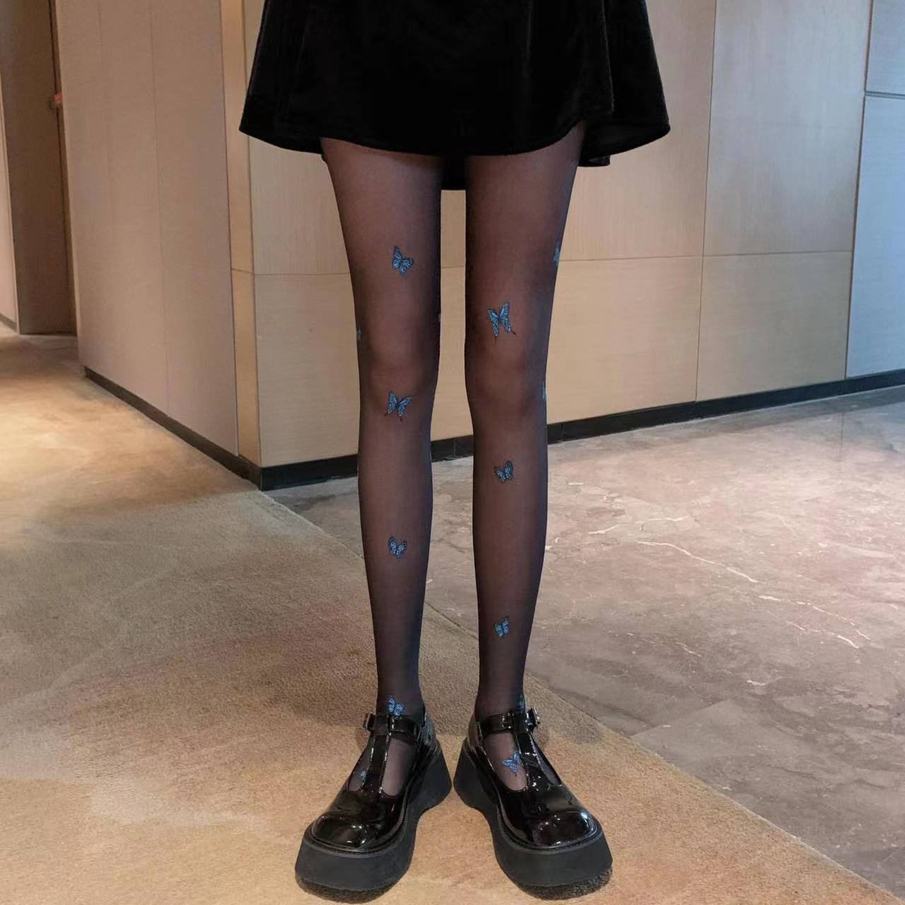 春季蓝色蝴蝶节包芯丝印花塑形加档超薄女纯欲款连裤丝袜甜美防勾