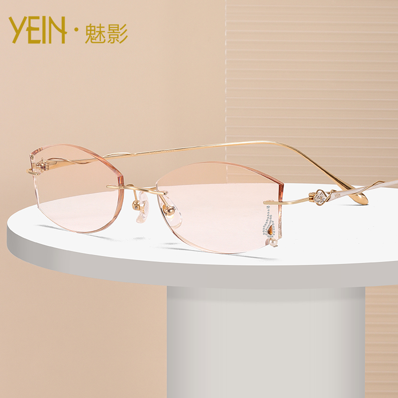 魅影yein 近视眼镜狂 优雅 女款钻石切边眼镜无框纯钛眼镜架8623
