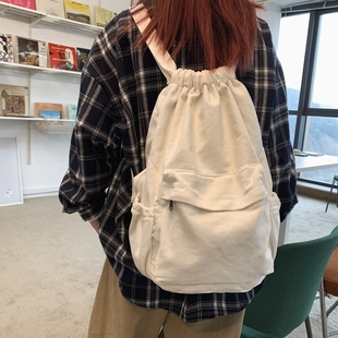日系大学生背包初中生小众设计抽带双肩包 ins纯色帆布书包女韩版