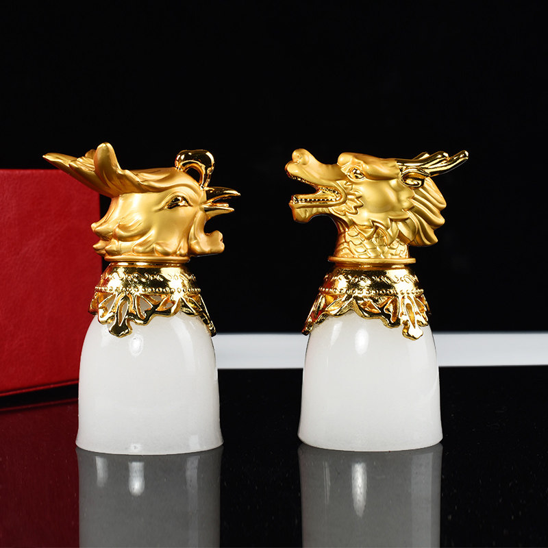 和田玉礼品青玉婚庆酒杯龙凤杯套装金镶玉酒具商务礼品摆件