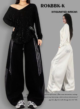 ROKBBK－K/布韩复古运动风阔腿裤女黑色设计感条纹烫钻宽松长裤