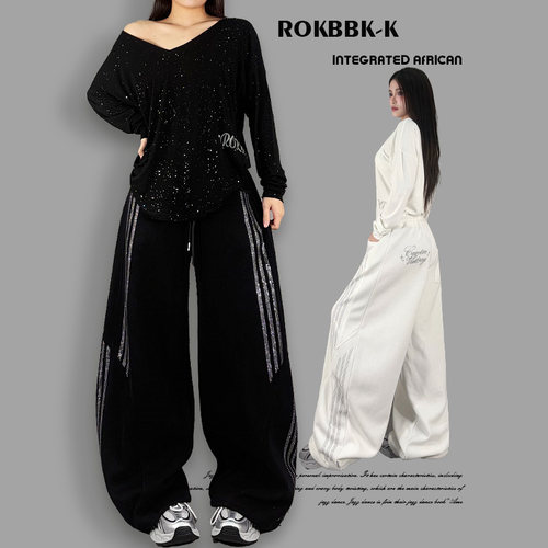 ROKBBK－K/布韩复古运动风阔腿裤女黑色设计感条纹烫钻宽松长裤