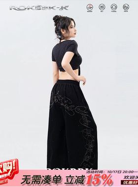 ROKBBK黑色烫钻亮片阔腿女裤