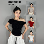 辣妹斜肩亮片设计感露肩跳舞短袖 ROKBBK K布韩街舞潮牌美式 T恤女