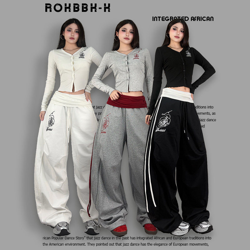 ROKBBK－K/布韩爵士舞玫瑰刺绣阔腿裤女街舞风垂坠感运动休闲长裤