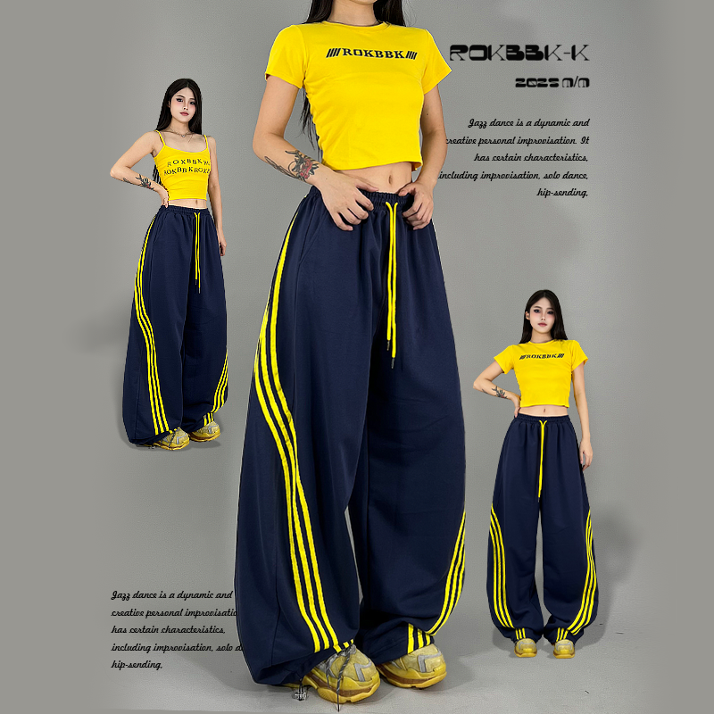 ROKBBK-K韩街舞潮牌美式复古撞色三条杠运动休闲裤女爵士舞