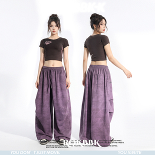 ROKBBK－K/布韩爵士风阔腿亮片女宽松松紧腰紫色直筒休闲裤街头风
