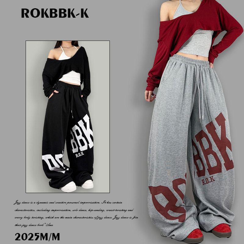 ROKBBK－K/布韩美式嘻哈风字母印花阔腿裤女宽松休闲裤设计感长裤