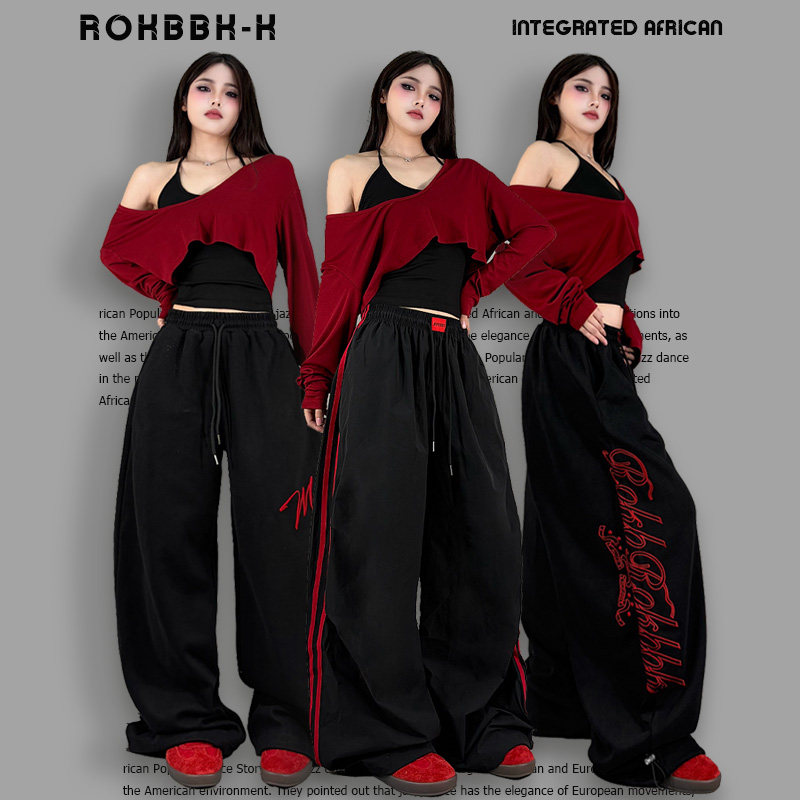 ROKBBK－K/布韩美式复古字母印花阔腿裤女宽松抽绳休闲裤街舞潮牌