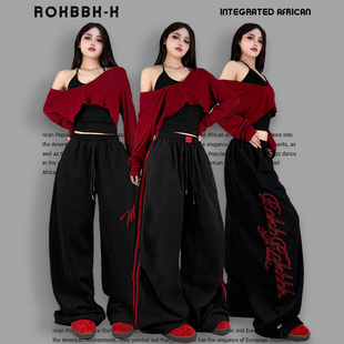 女宽松抽绳休闲裤 复古字母印花阔腿裤 街舞潮牌 布韩美式 ROKBBK－K