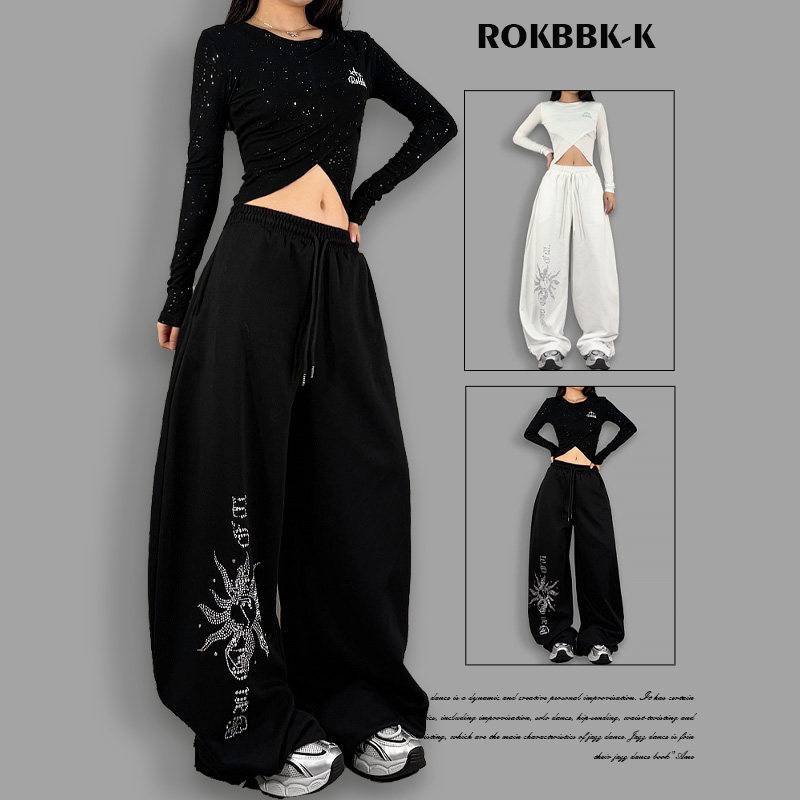 ROKBBK－K/布韩ROKBBK-K街头休闲风阔腿裤女宽松烫钻爵士舞长裤