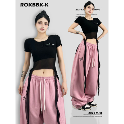 ROKBBK-K/布韩街舞潮牌夏季网纱印花短袖T恤辣妹爵士舞紧身短袖