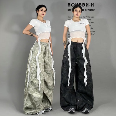 ROKBBK-K布韩街舞潮牌2025百搭街头褶皱迷彩工装裤女爵士舞