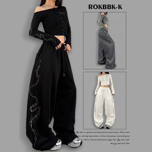 女宽松烫钻街头休闲长裤 嘻哈风黑色阔腿裤 布韩美式 ROKBBK－K
