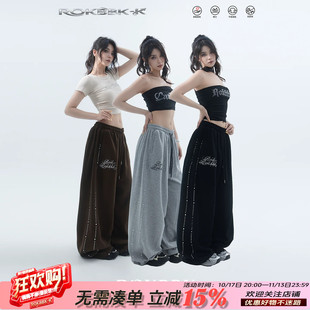 ROKBBK－K/布韩美式嘻哈风烫钻侧边宽松阔腿裤女街头休闲运动长裤