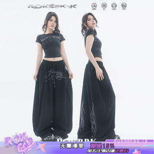 ROKBBK-K/布韩美式辣妹风烫钻阔腿裤女宽松百搭黑色休闲爵士裤