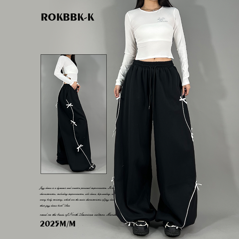 ROKBBK-K布韩街舞潮牌蝴蝶结设计感黑色阔腿直筒休闲裤女爵士舞