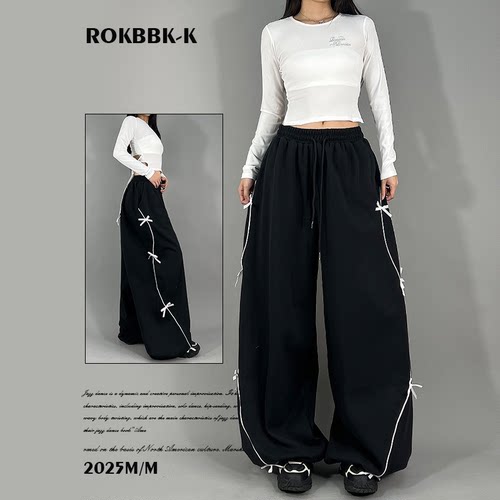 ROKBBK-K布韩街舞潮牌蝴蝶结设计感黑色阔腿直筒休闲裤女爵士舞