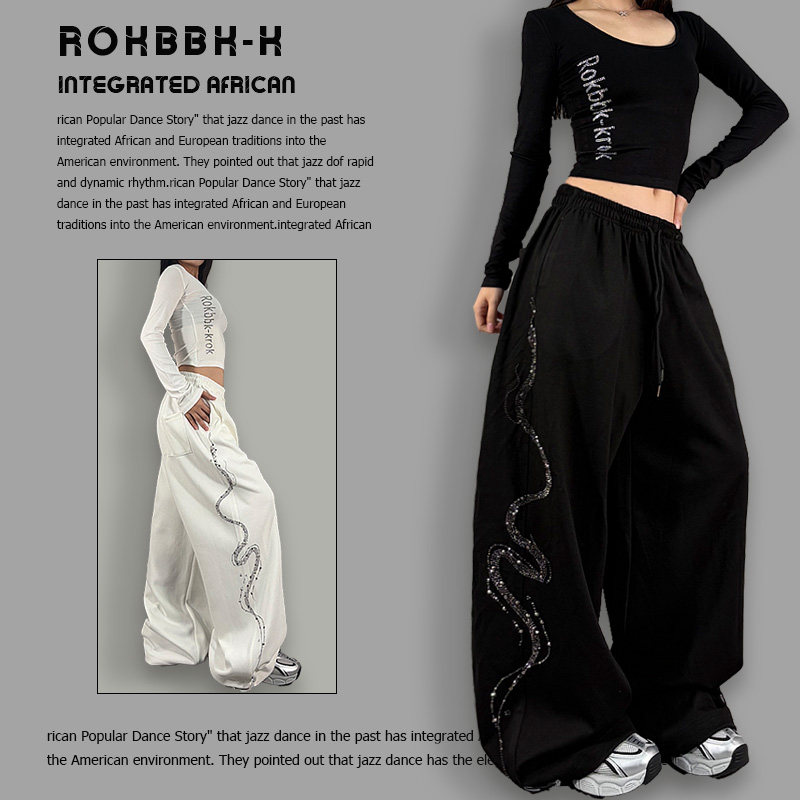 ROKBBK－K/布韩美式嘻哈风黑色阔腿裤女宽松反光条纹街头休闲长裤