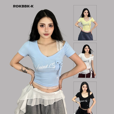 ROKBBK-K/布韩街舞潮牌运动T恤女露肩蕾丝宽松休闲嘻哈爵士舞短袖